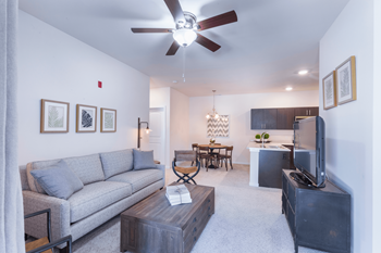 A living room with a grey couch, a coffee table, a television, and a dining table.